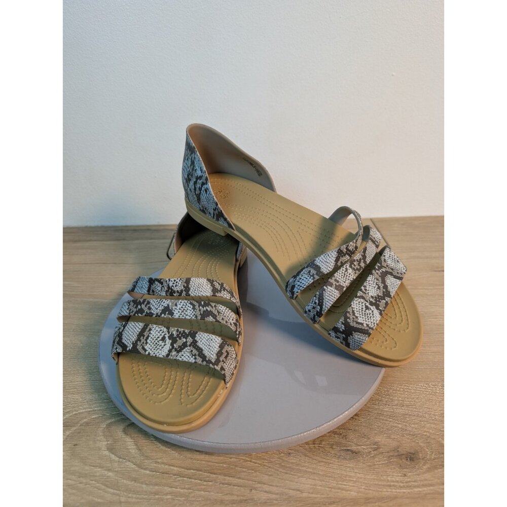 Crocs Sandals Womens 11 Gray Tan Snake Tulum Open Toe Flat 3-Strap Flat Iconic